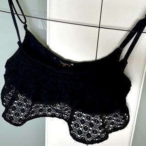 Roxy swimwear bikini top, bandeau with lace/flowy material over top in black.